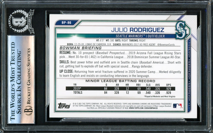 Julio Rodriguez Signed 2021 Bowman Prospects RC BP86 Seattle Mariners Beckett