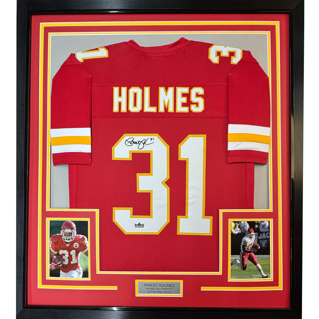 Framed Facsimile Autographed Priest Holmes 35x39 Kansas City Red Reprint Jersey