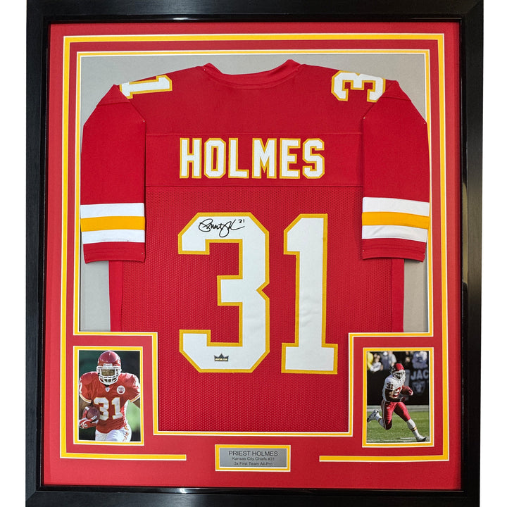 Framed Facsimile Autographed Priest Holmes 35x39 Kansas City Red Reprint Jersey