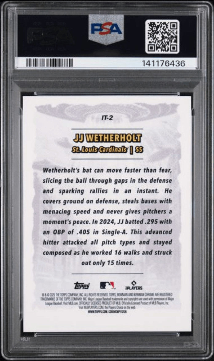 Graded 2025 Topps Bowman Chrome JJ Wetherholt #IT2 RC Baseball Card PSA 10