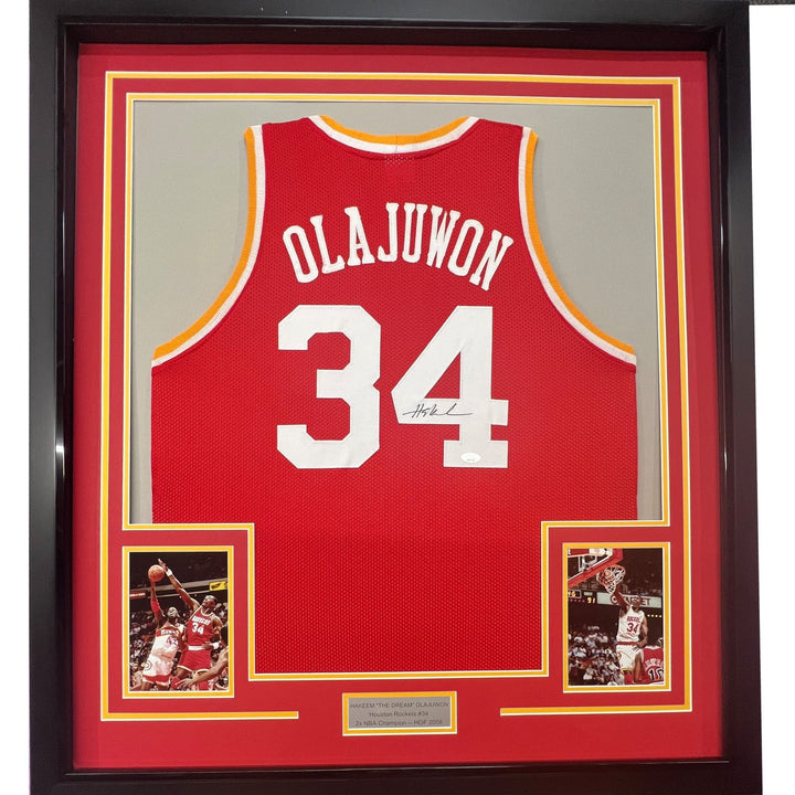 Framed Autographed/Signed Hakeem Olajuwon 33x42 Houston Red Jersey BAS COA