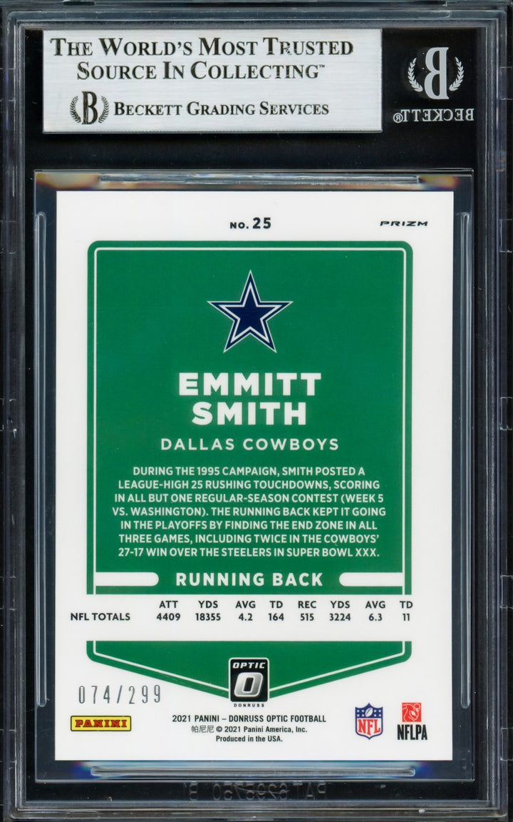 Emmitt Smith Signed 2021 Donruss Optic Wave Card 25 Dallas Cowboys #/299 Beckett