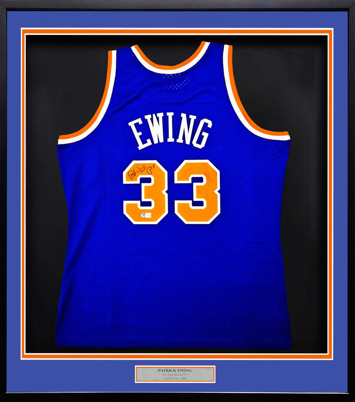 New York Knicks Patrick Ewing Signed Framed Blue M&N HWC Swingman Jersey