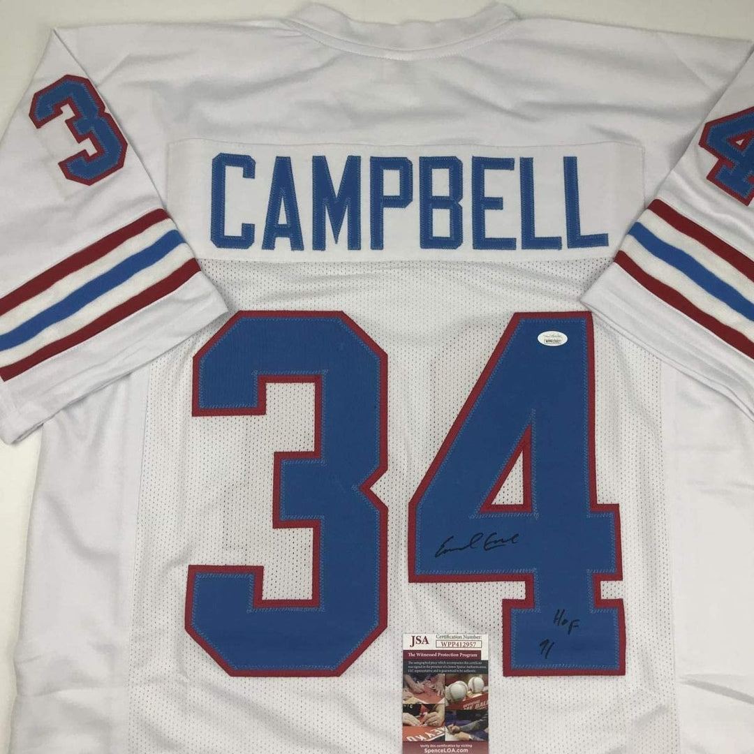 Autographed/Signed Earl Campbell HOF 91 Houston White Jersey JSA COA