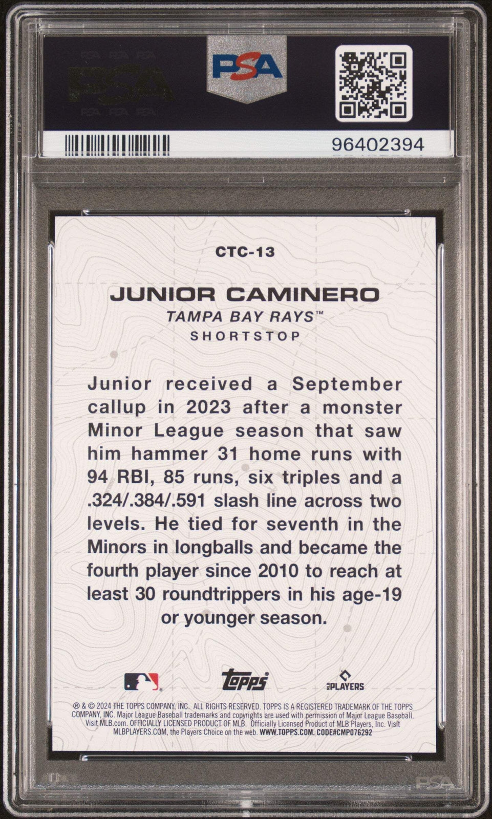 Graded 2024 Topps Junior Caminero #CTC13 City to City RC Baseball Card PSA 10