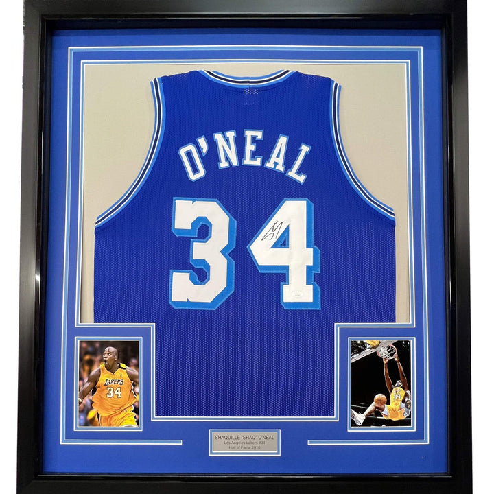 FRAMED Autographed/Signed SHAQUILLE SHAQ O'NEAL 33x42 LA Blue Jersey JSA COA