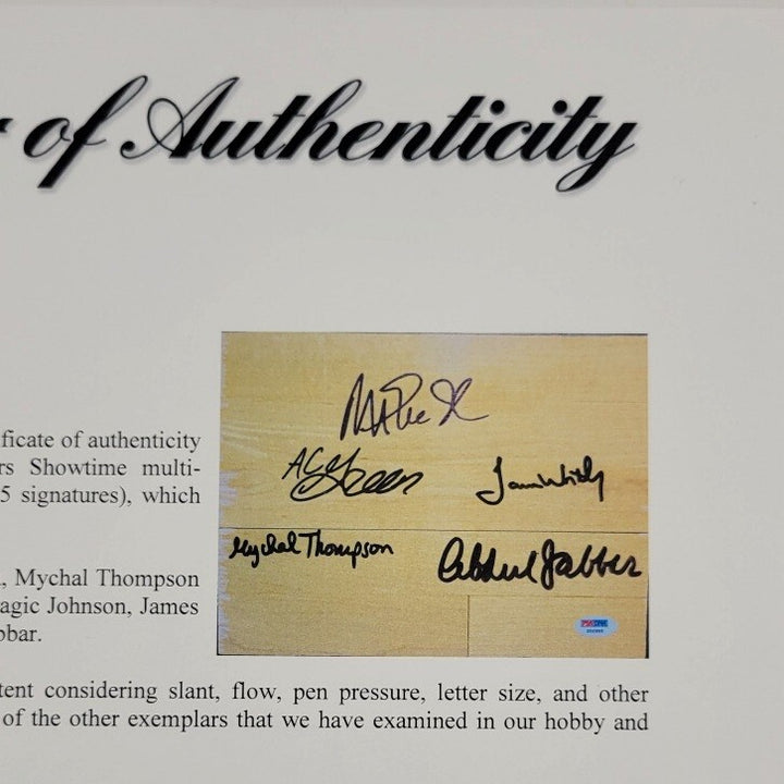 Showtime Lakers team signed Game-Used Floor Magic Jabbar Worthy + 5 PSA BAS COA