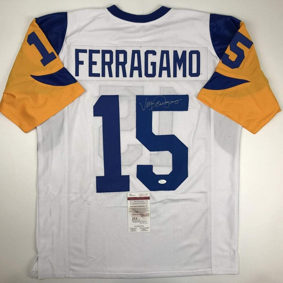 Autographed/Signed Vince Ferragamo Los Angeles LA White Jersey JSA COA