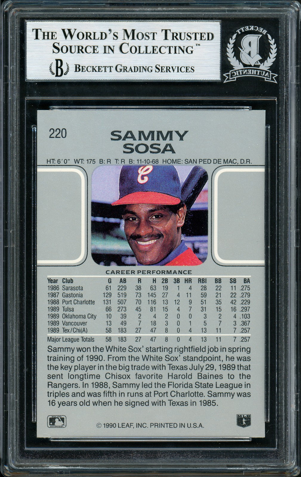 Sammy Sosa Signed 1990 Leaf Rookie Card #220 Chicago White Sox Beckett BAS