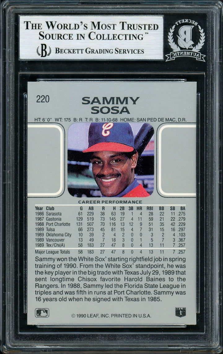 Sammy Sosa Signed 1990 Leaf Rookie Card #220 Chicago White Sox Beckett BAS