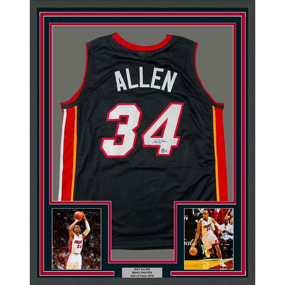 Framed Autographed/Signed Ray Allen 33x42 Miami Black Jersey Beckett COA