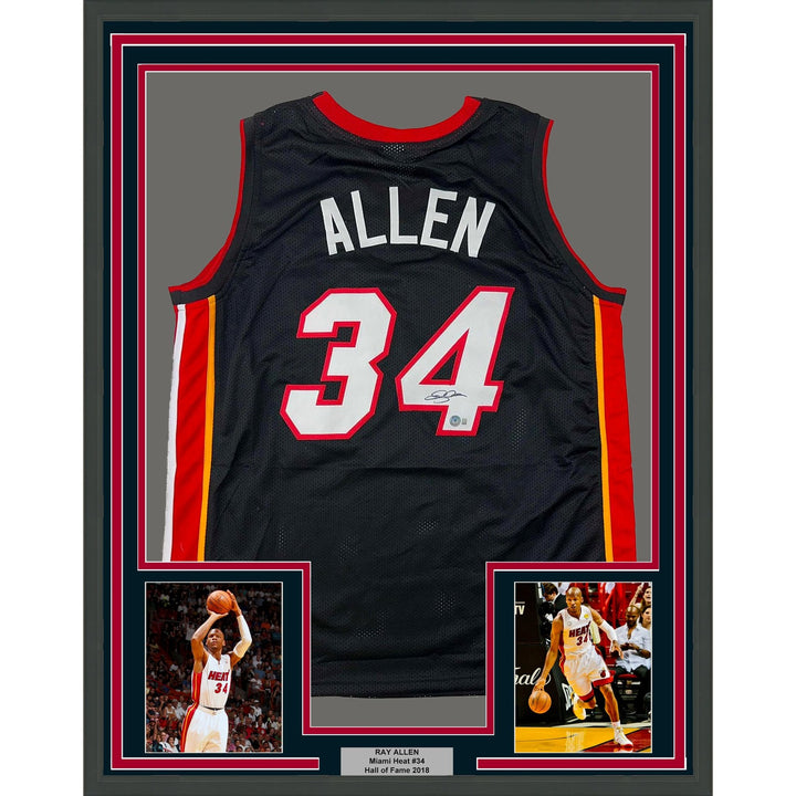Framed Autographed/Signed Ray Allen 33x42 Miami Black Jersey Beckett COA