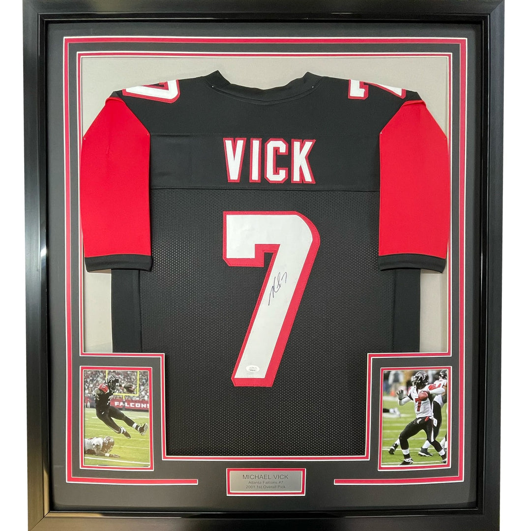 FRAMED Signed MICHAEL MIKE VICK 35x39 Atlanta Black Jersey PSA COA