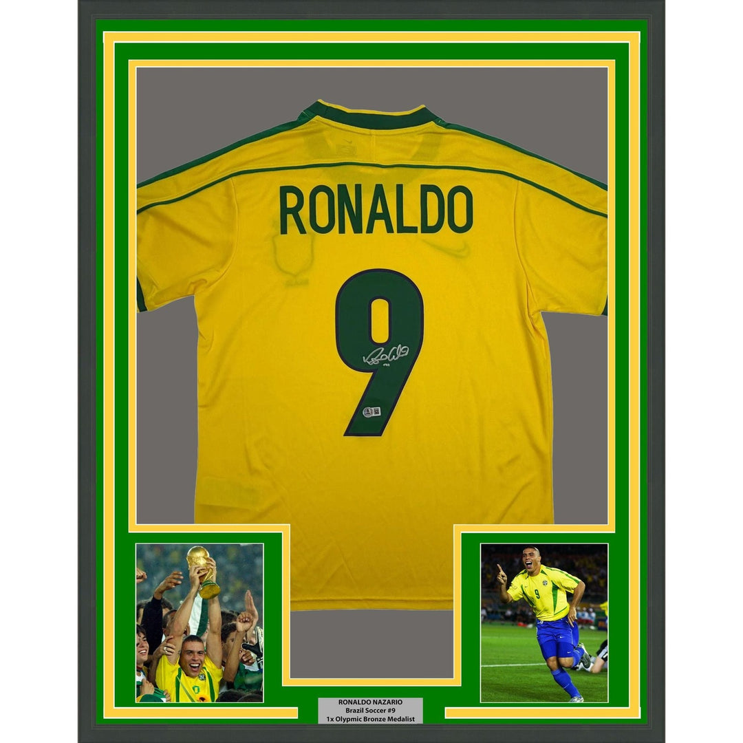 Framed Signed Ronaldo Nazario 35x39 Brazil Yellow Jersey Beckett BAS COA #2
