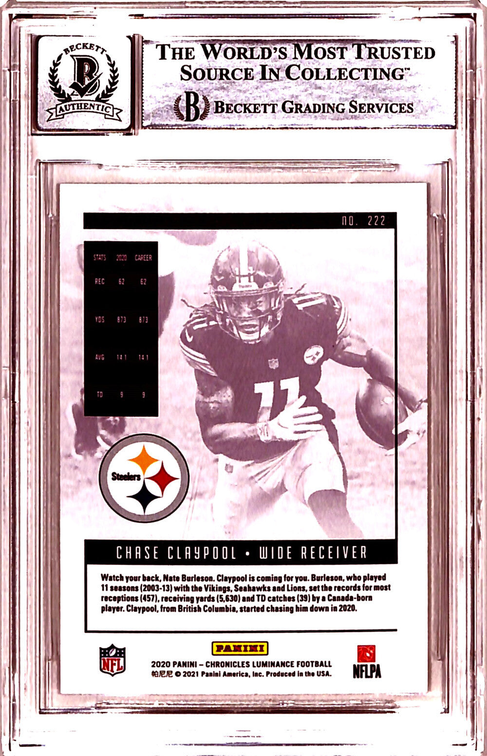 Chase Claypool Signed 2020 Panini Luminance #222 Rookie Card BAS Slab 40755