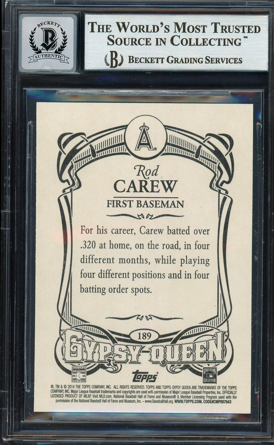 Rod Carew Auto 2014 Topps Gypsy Queen Card 189 California Angels Sig 10 Beckett