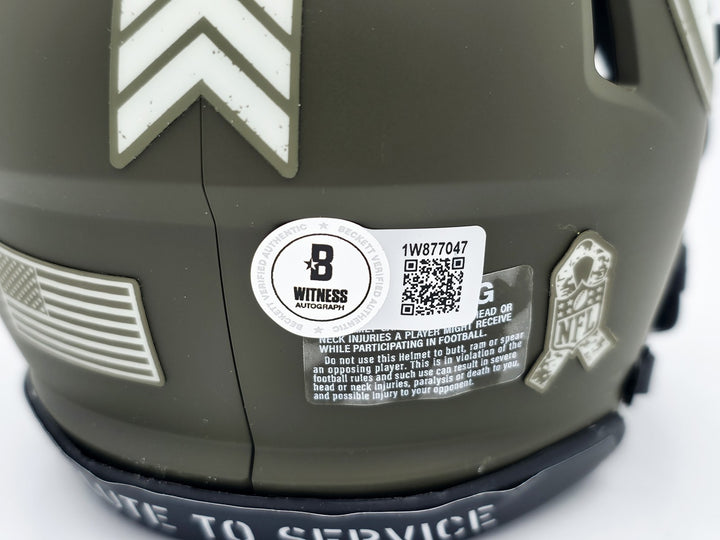 Terry Bradshaw Auto Steelers Army Green Salute to Service Speed Mini Helmet BAS