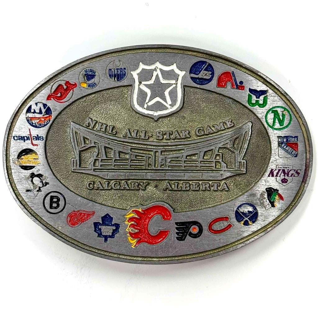 original vintage 1985 NHL All Star Game metal Belt Buckle ~ Calgary Flames