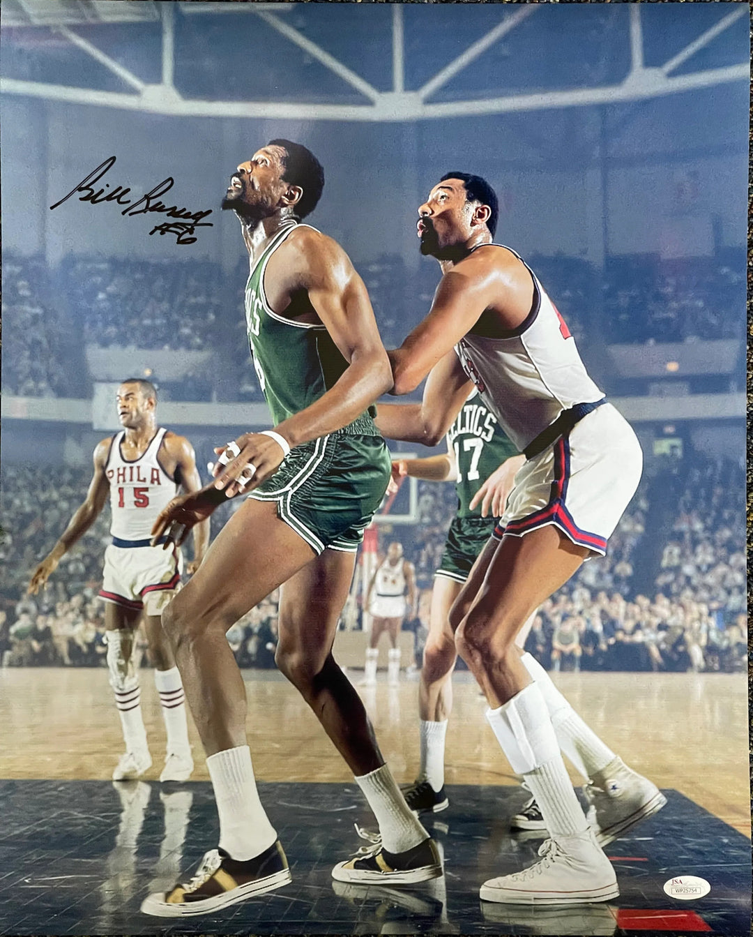 Bill Russell Autographed Blocking Chamberlain 16x20 Photo (JSA)