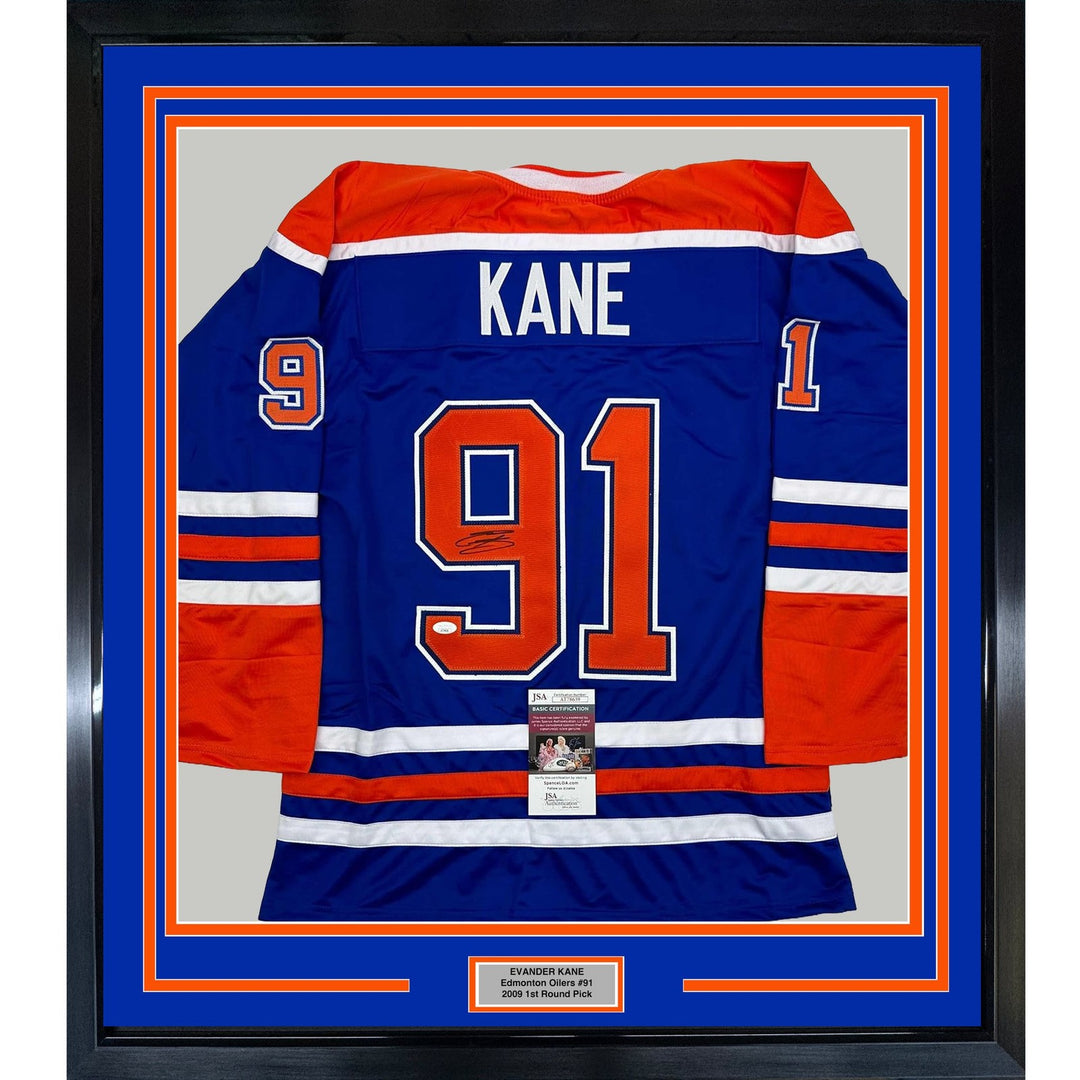Framed Autographed/Signed Evander Kane 35x39 Edmonton Blue Jersey JSA COA