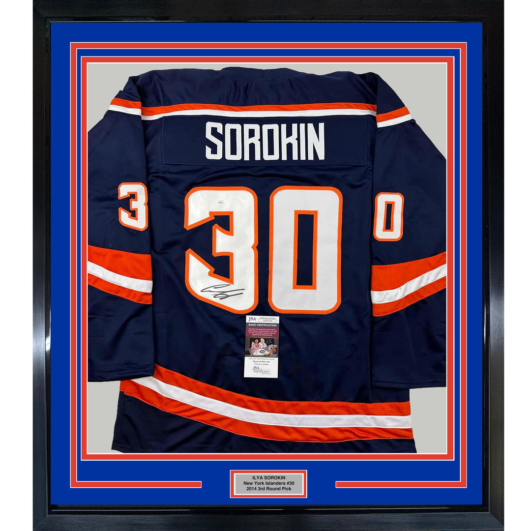 Framed Autographed/Signed Ilya Sorokin 33x42 New York Blue Retro Jersey JSA COA