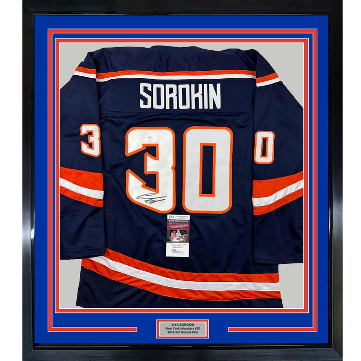 Framed Autographed/Signed Ilya Sorokin 33x42 New York Blue Retro Jersey JSA COA