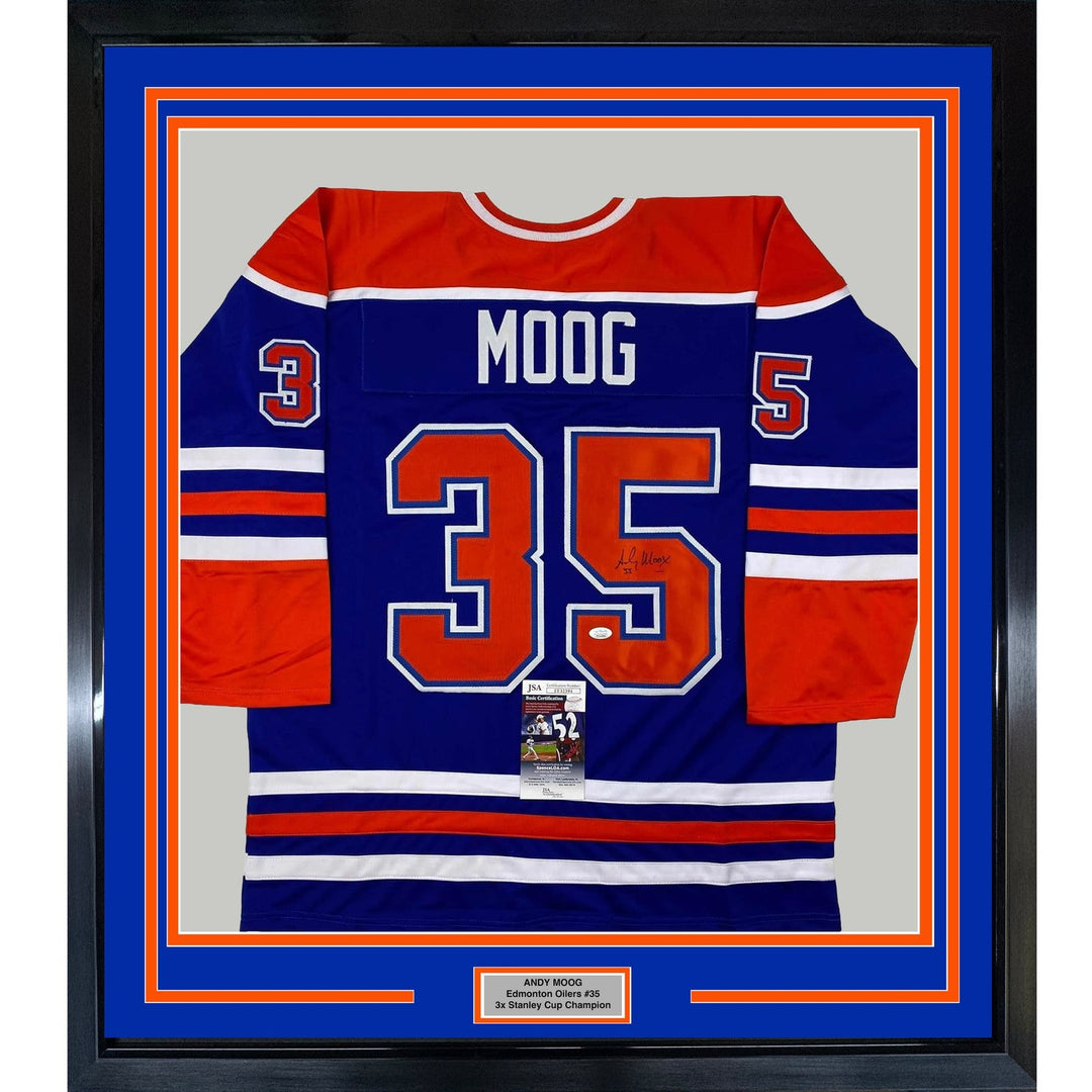 Framed Autographed/Signed Andy Moog 35x39 Edmonton Blue Jersey JSA COA