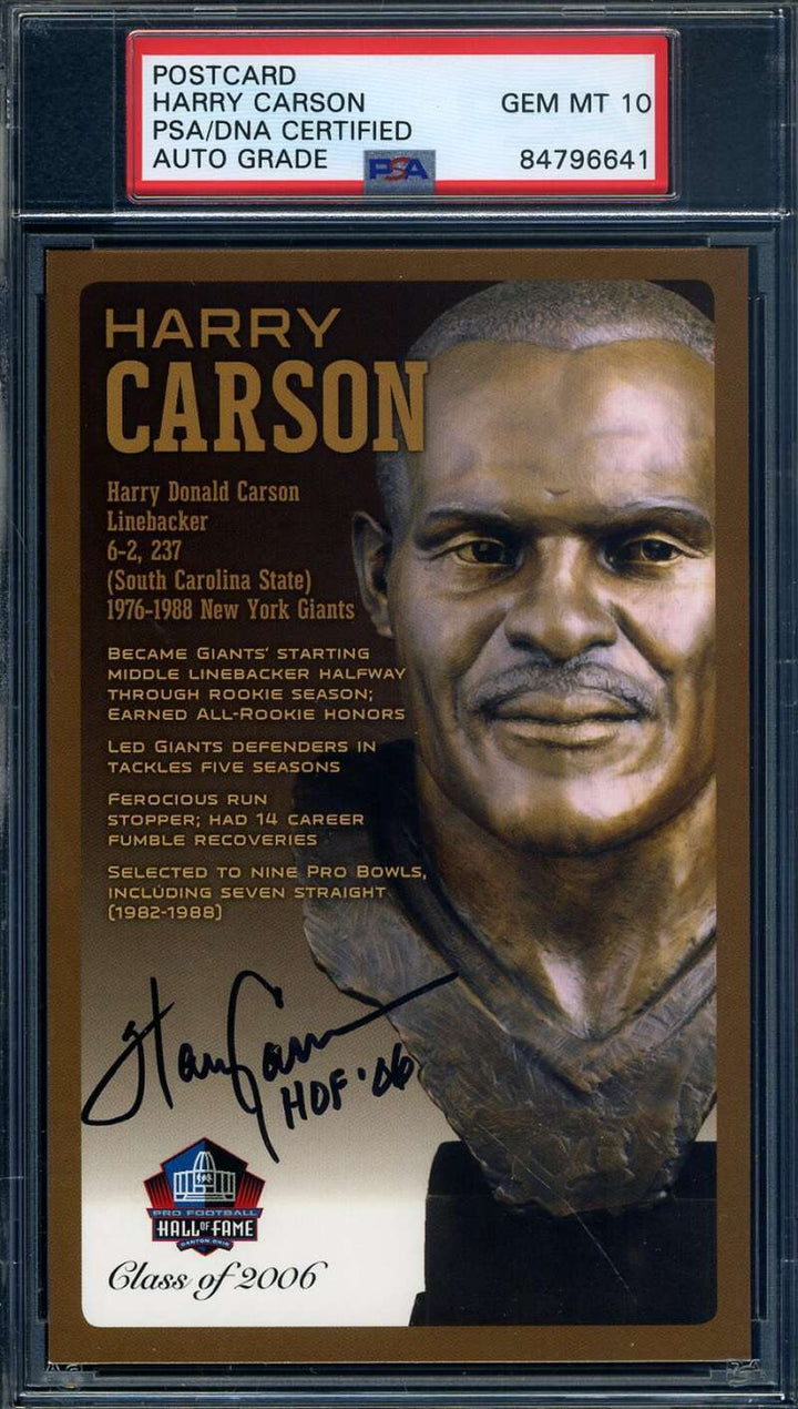 Harry Carson Gem Mint 10 PSA DNA Signed HOF Bronze Bust Postcard Autographed