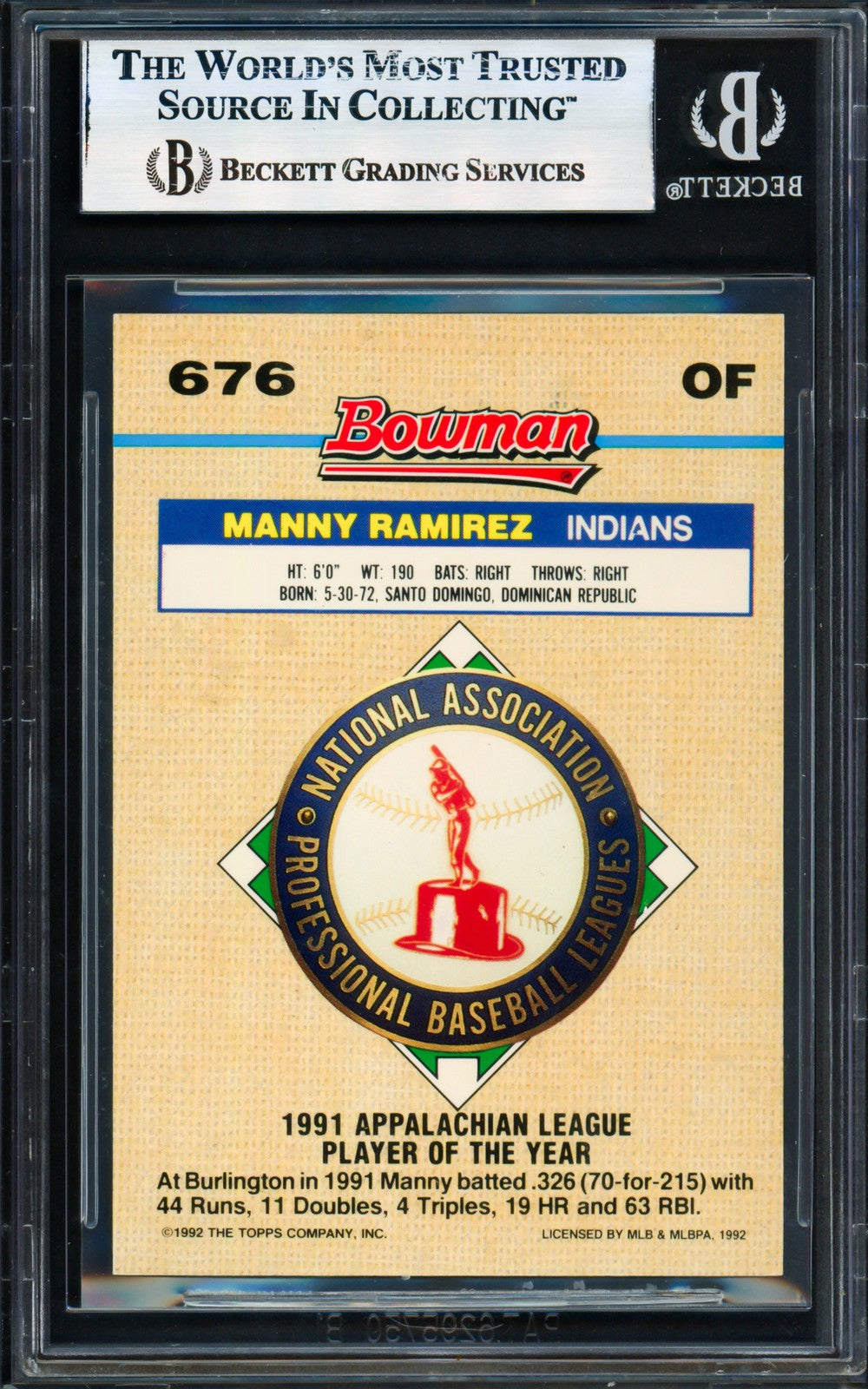 Manny Ramirez Auto Signed 1992 Bowman Gold Foil RC 676 Cleveland Indians Beckett