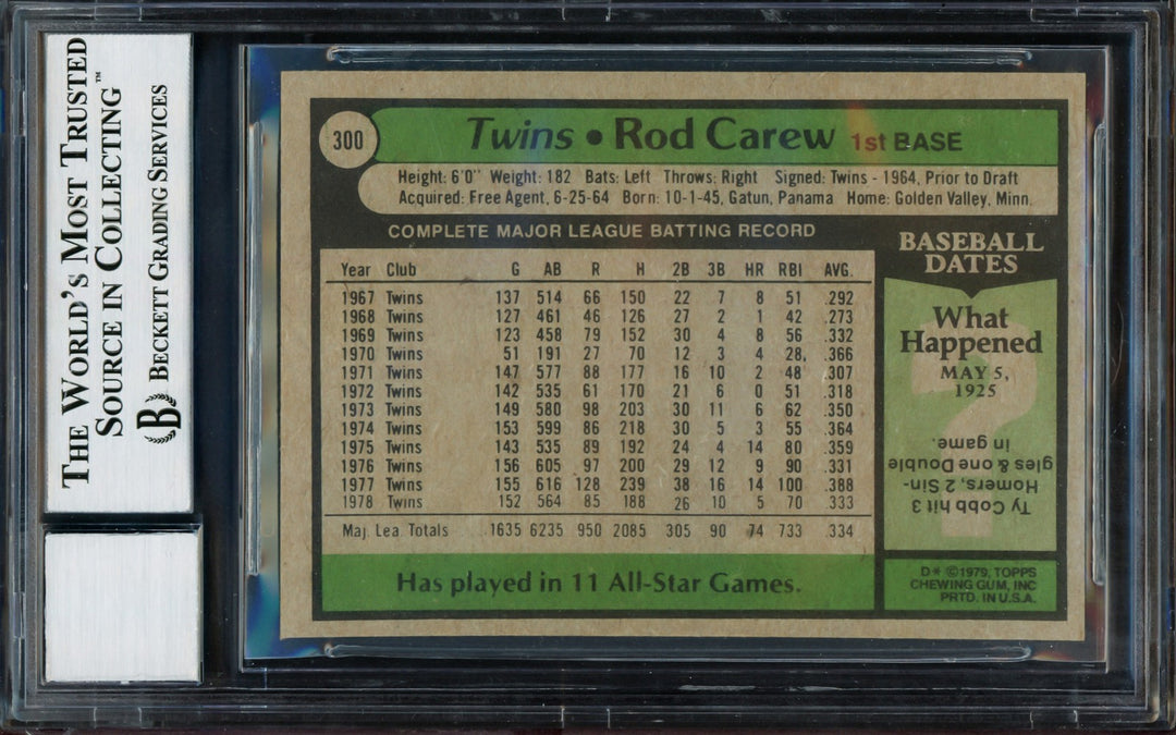 Rod Carew Signed 1979 Topps Card 300 Minnesota Twins Auto GM 10 Beckett