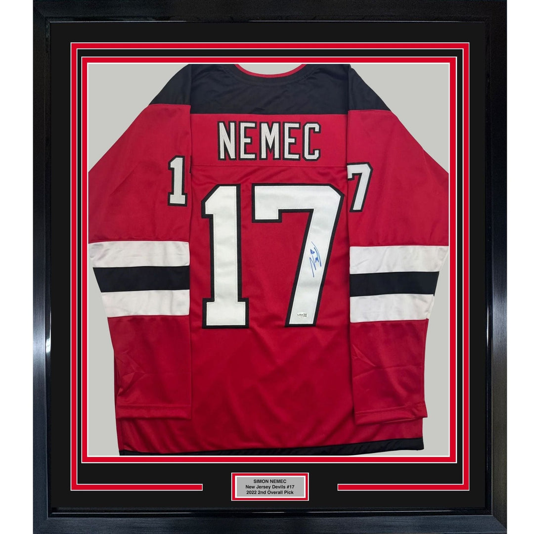 Framed Autographed/Signed Simon Nemec 35x39 New Jersey Red Jersey JSA COA