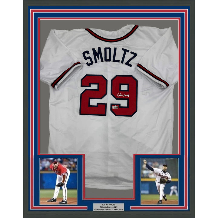 Framed Facsimile Autographed John Smoltz 35x39 Atlanta White Reprint Jersey