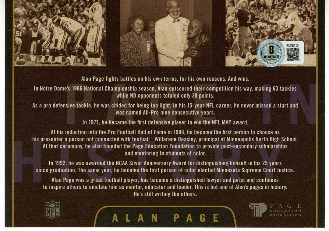 Alan Page Signed Minnesota Vikings Biography Card 1st Defensive MVP BAS 56071