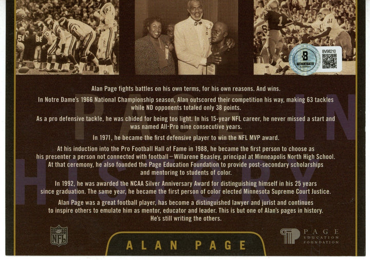 Alan Page Signed Minnesota Vikings Biography Card 1st Defensive MVP BAS 56071