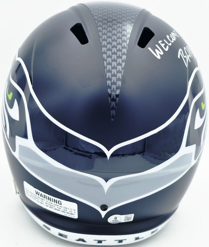 AJ Barner Signed Seahawks Blue Full Sz Speed Rep Helmet Beckett Wit