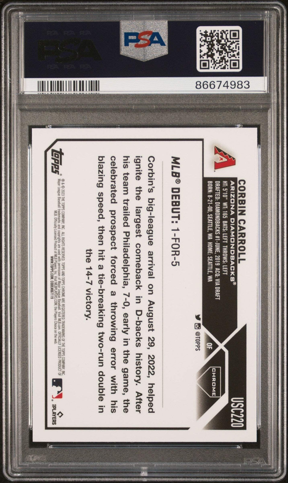 Graded 2023 Topps Chrome Upd Corbin Carroll #USC220 Prism Baseball Card PSA 10