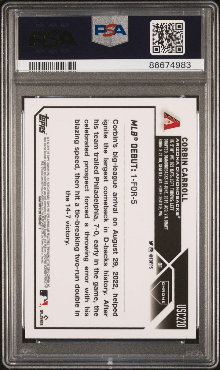 Graded 2023 Topps Chrome Upd Corbin Carroll #USC220 Prism Baseball Card PSA 10
