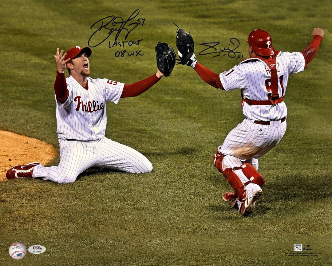 Brad Lidge Carlos Ruiz Signed Phillies 08 World Series Photo 2 Last Out PSA/DNA