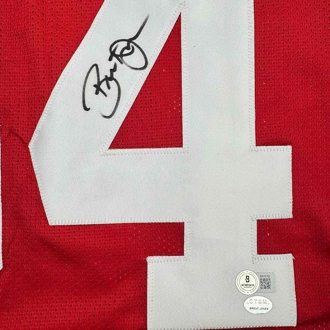 Framed Autographed/Signed Brent Jones 35x39 SF Red Jersey Beckett COA
