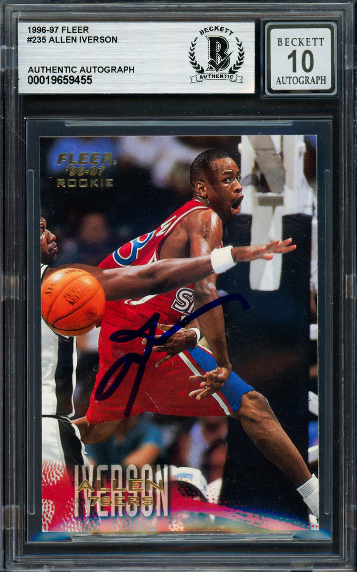 Allen Iverson Signed 1996-97 Fleer RC 235 Philadelphia 76ers Auto GM 10 Beckett
