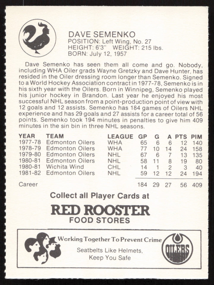 Dave Semenko Autographed 1982-83 Red Rooster Card Edmonton Oilers