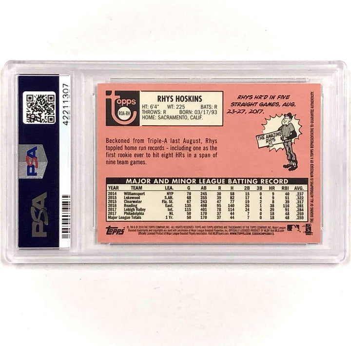 2018 Topps Heritage RC Rhys Hoskins autograph Real One Red Auto rookie/69 PSA 10