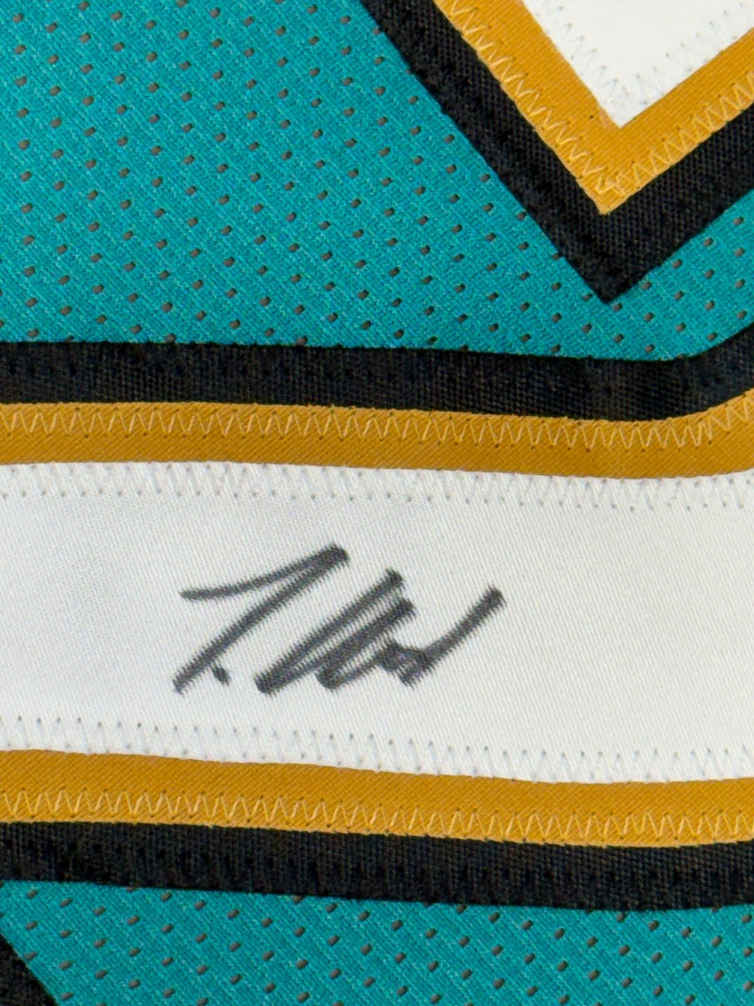 Framed Autographed/Signed Travis Hunter 35x39 Jacksonville Teal Jersey COA