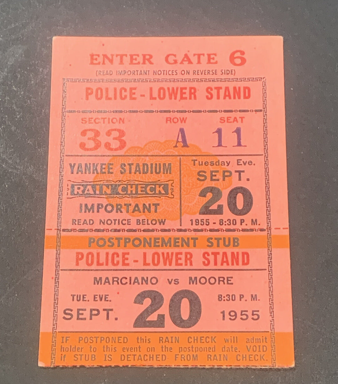 1955 Rocky Marciano Retires Last Fight Ticket Stub Original 49-0 Yankee Stadium