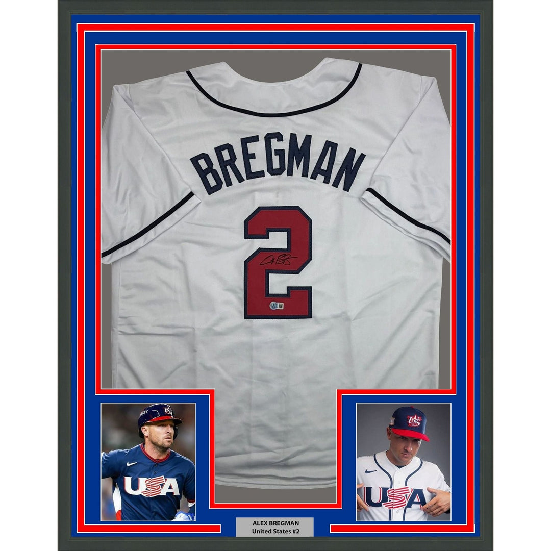 Framed Autographed/Signed Alex Bregman 35x39 USA White WBC Jersey BAS COA