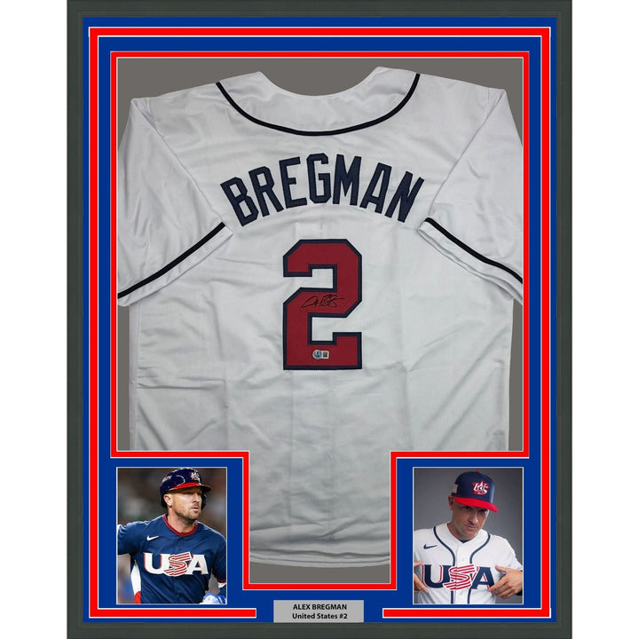 Framed Autographed/Signed Alex Bregman 35x39 USA White WBC Jersey BAS COA