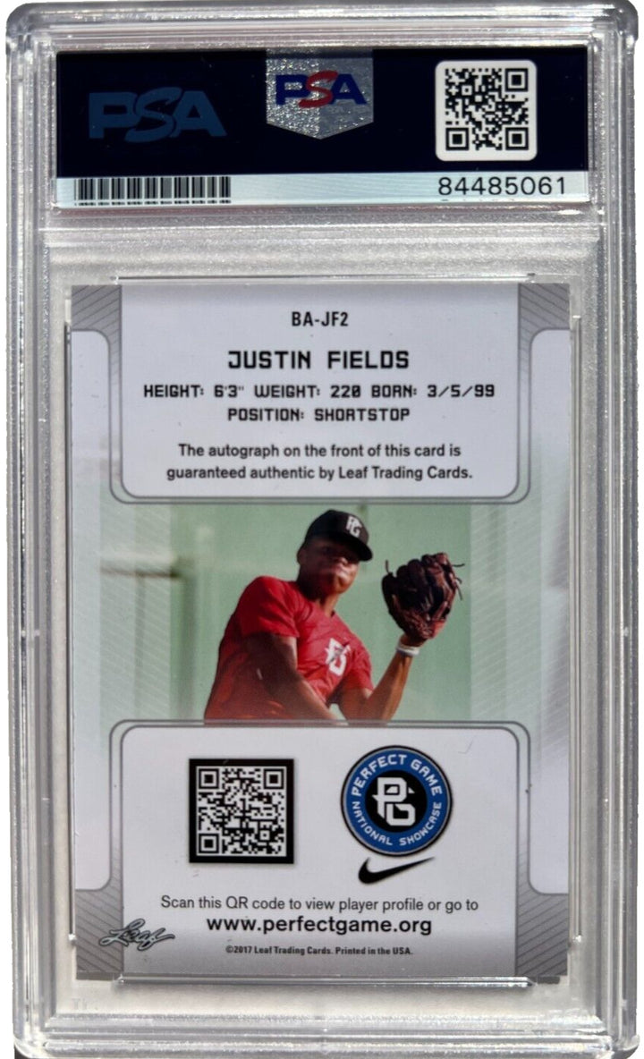 JUSTIN FIELDS SIGNED 2017 LEAF PERFECT GAME ROOKIE CARD RC STEELERS AUTO 10 PSA