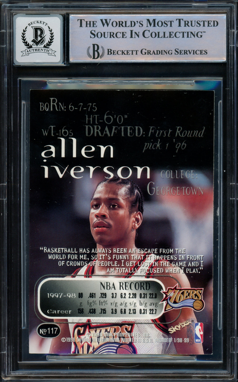 Allen Iverson Signed 1998-99 Skybox Thunder Card 117 76ers Sig 10 Beckett Wit