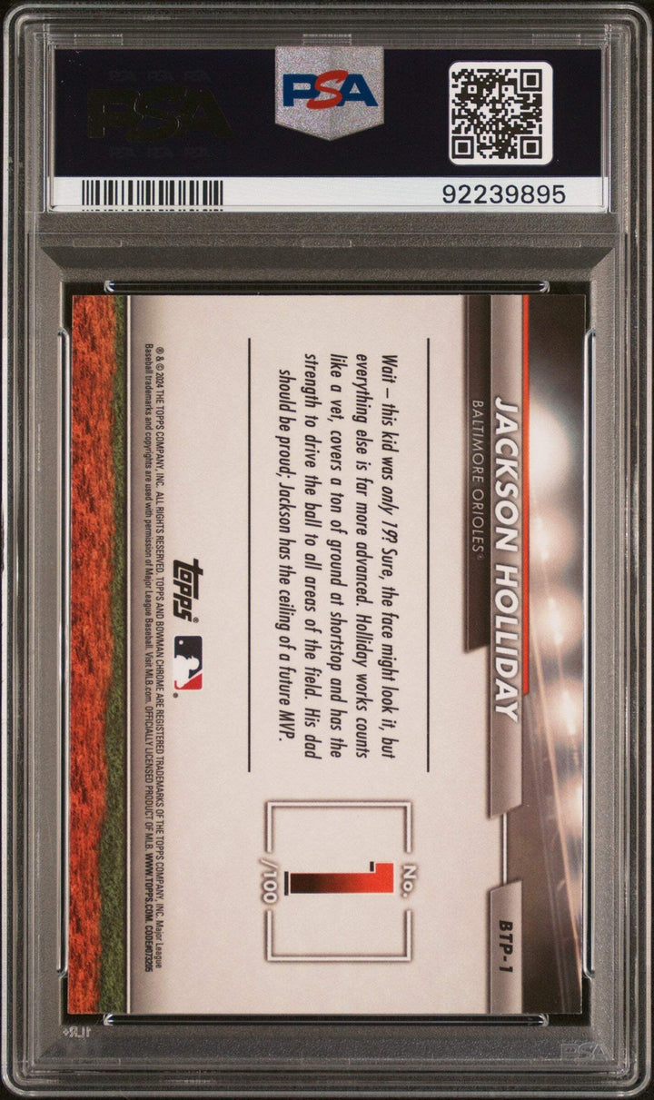 Graded 2024 Bowman Jackson Holliday #BTP1 Scouts Top 100 RC Baseball Card PSA 10