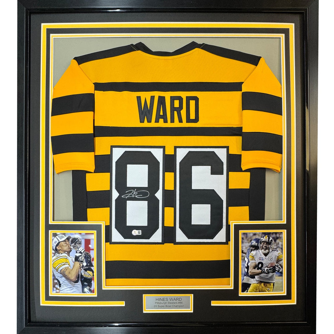 Framed Signed Hines Ward 35x39 Pittsburgh Bumble Bee Jersey JSA COA